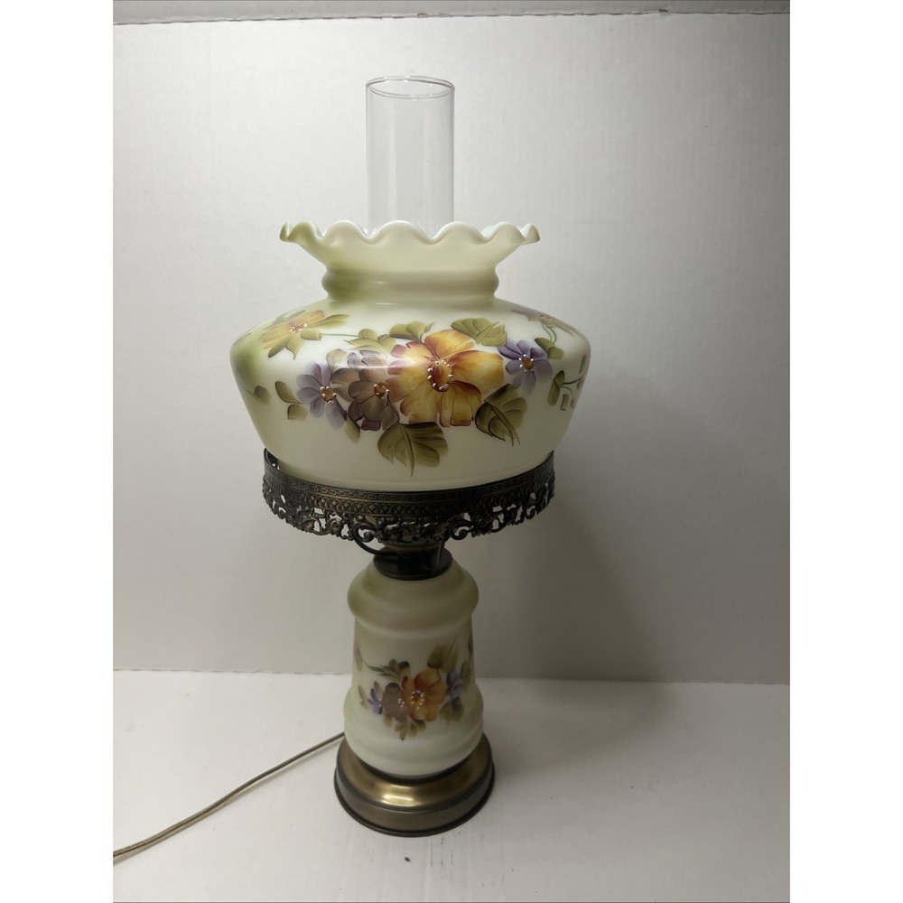 15" GWTW VINTAGE 3-WAY HAND PAINTED FROSTED GLASS FLORAL HURRICANE LAMP